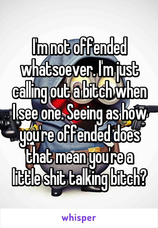 I'm not offended whatsoever. I'm just calling out a bitch when I see one. Seeing as how you're offended does that mean you're a little shit talking bitch?