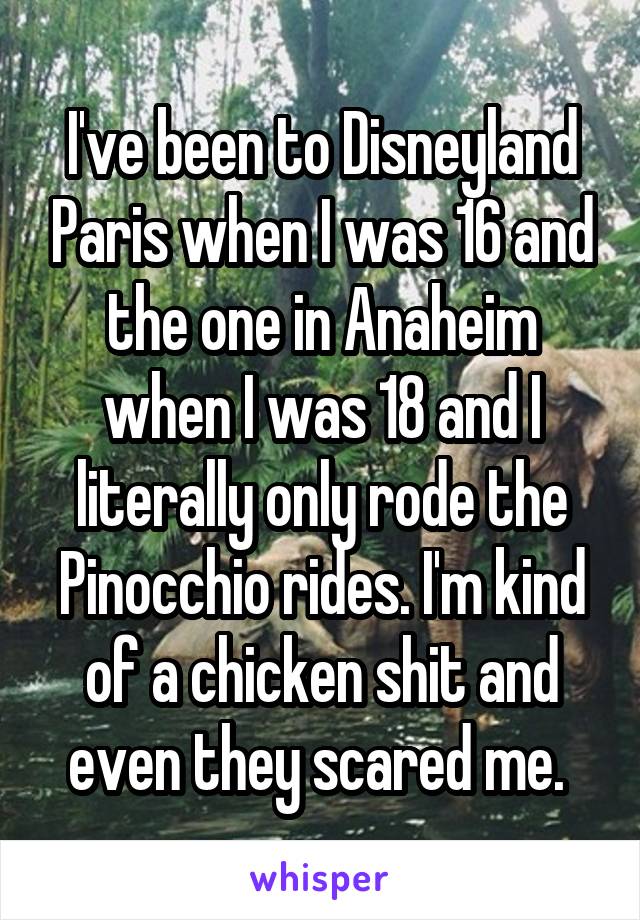 I've been to Disneyland Paris when I was 16 and the one in Anaheim when I was 18 and I literally only rode the Pinocchio rides. I'm kind of a chicken shit and even they scared me. 