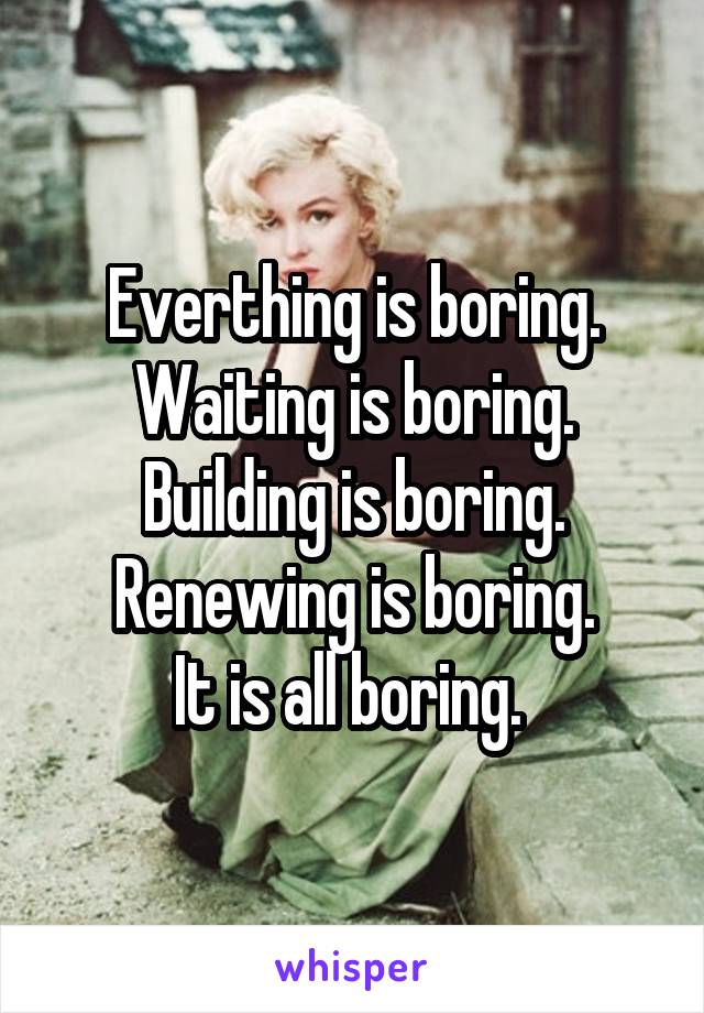 Everthing is boring.
Waiting is boring.
Building is boring.
Renewing is boring.
It is all boring. 