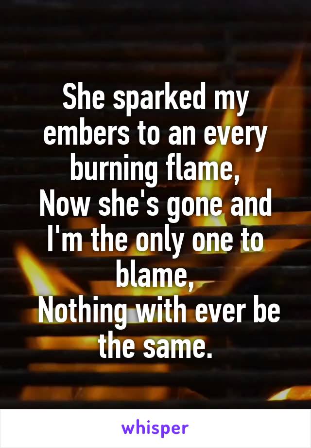 She sparked my embers to an every burning flame,
Now she's gone and I'm the only one to blame,
 Nothing with ever be the same.
