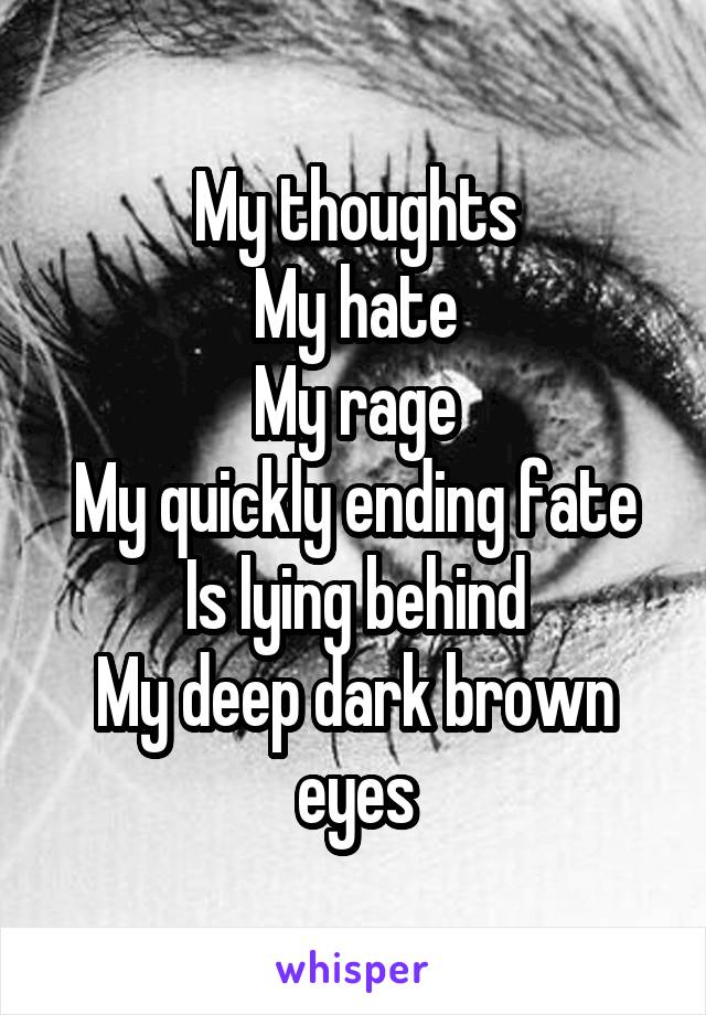 My thoughts
My hate
My rage
My quickly ending fate
Is lying behind
My deep dark brown eyes