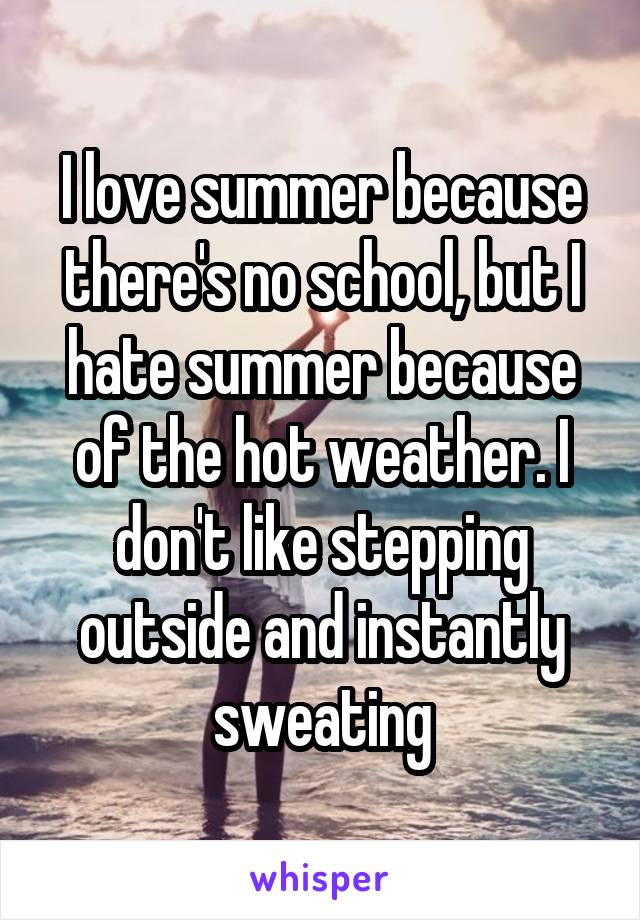 I love summer because there's no school, but I hate summer because of the hot weather. I don't like stepping outside and instantly sweating