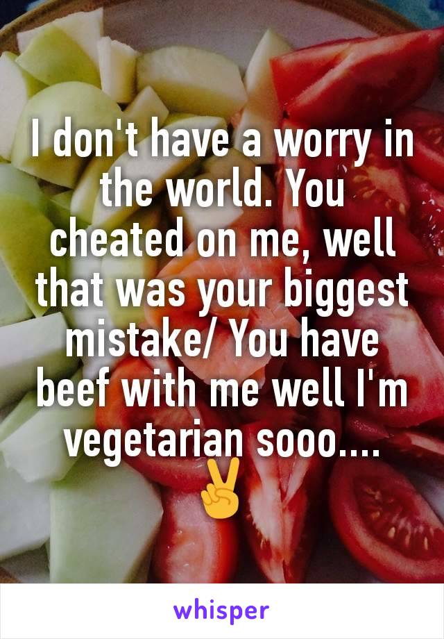 I don't have a worry in the world. You cheated on me, well that was your biggest mistake/ You have beef with me well I'm vegetarian sooo.... ✌
 