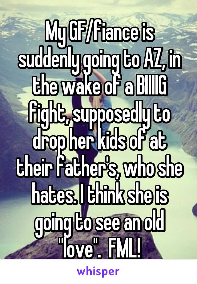 My GF/fiance is suddenly going to AZ, in the wake of a BIIIIG fight, supposedly to drop her kids of at their father's, who she hates. I think she is going to see an old "love".  FML!