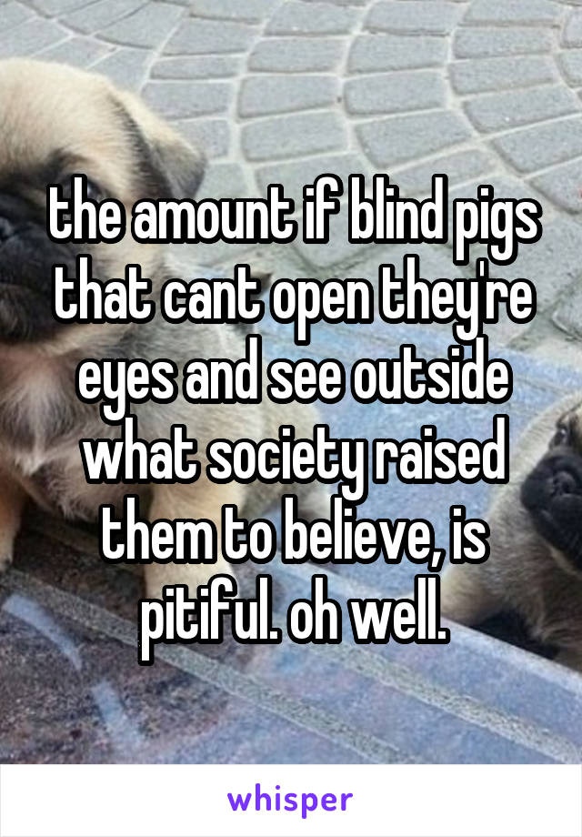 the amount if blind pigs that cant open they're eyes and see outside what society raised them to believe, is pitiful. oh well.