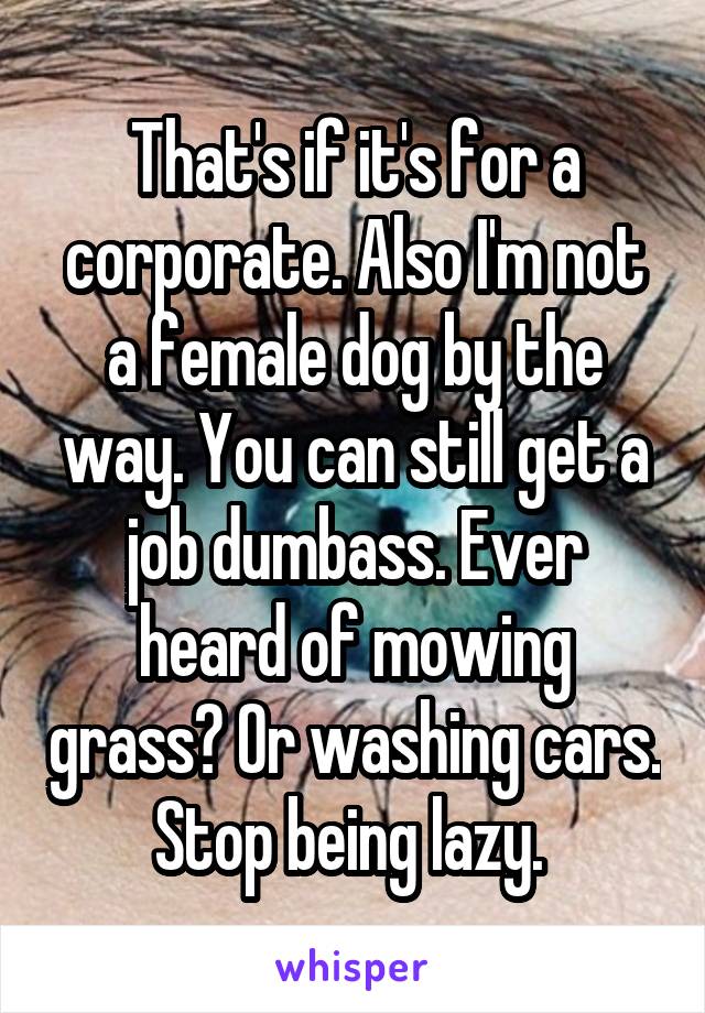 That's if it's for a corporate. Also I'm not a female dog by the way. You can still get a job dumbass. Ever heard of mowing grass? Or washing cars. Stop being lazy. 