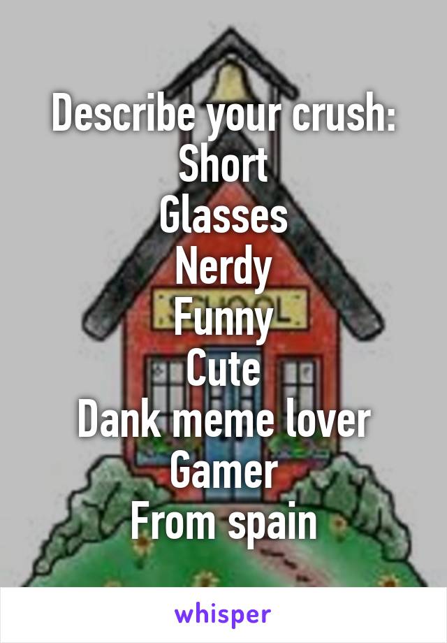 Describe your crush:
Short
Glasses
Nerdy
Funny
Cute
Dank meme lover
Gamer
From spain
