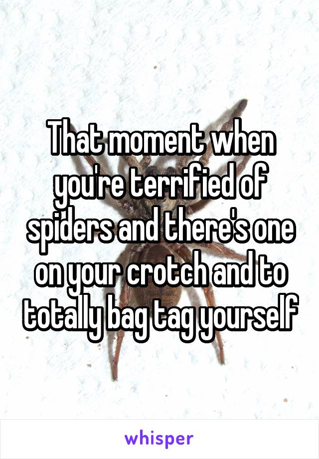 That moment when you're terrified of spiders and there's one on your crotch and to totally bag tag yourself