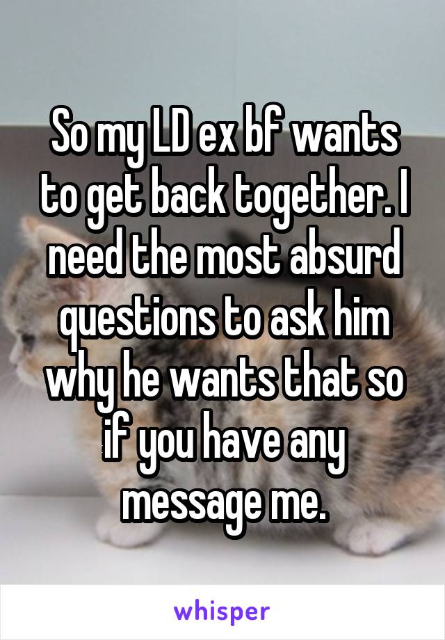 So my LD ex bf wants to get back together. I need the most absurd questions to ask him why he wants that so if you have any message me.