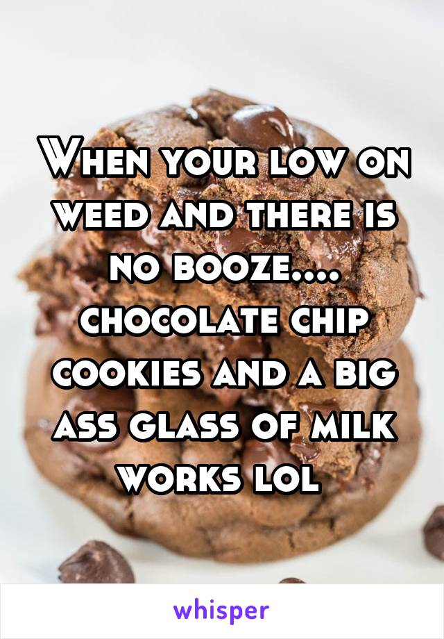 When your low on weed and there is no booze.... chocolate chip cookies and a big ass glass of milk works lol 