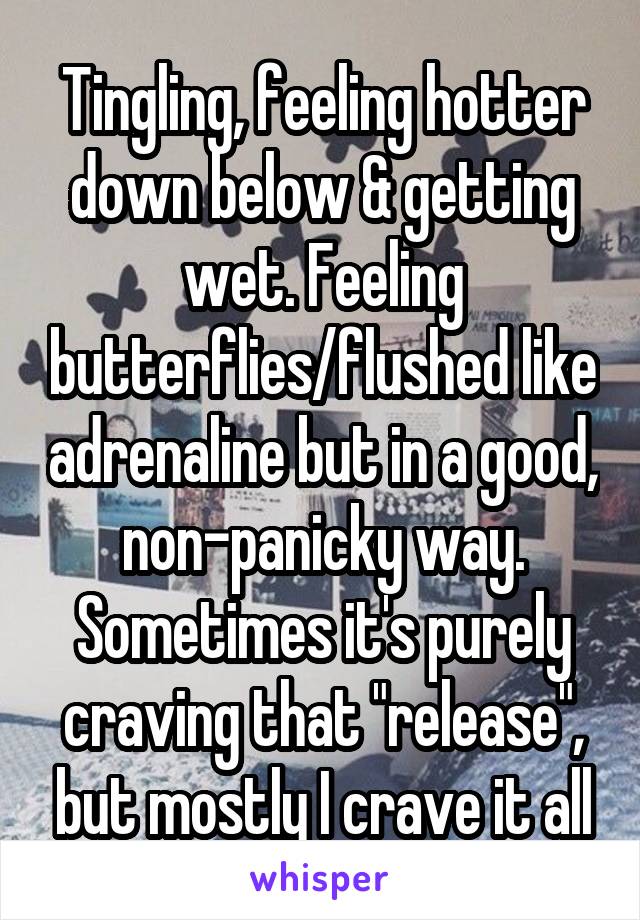 Tingling, feeling hotter down below & getting wet. Feeling butterflies/flushed like adrenaline but in a good, non-panicky way. Sometimes it's purely craving that "release", but mostly I crave it all