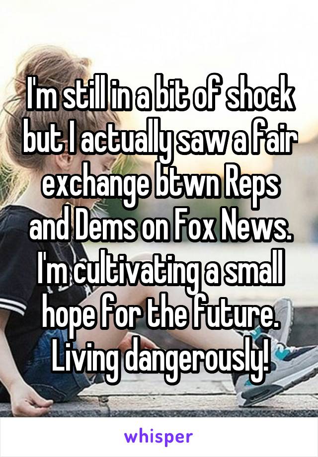 I'm still in a bit of shock but I actually saw a fair exchange btwn Reps and Dems on Fox News. I'm cultivating a small hope for the future. Living dangerously!