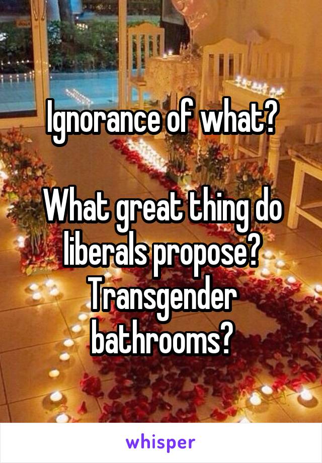 Ignorance of what?

What great thing do liberals propose? Transgender bathrooms?