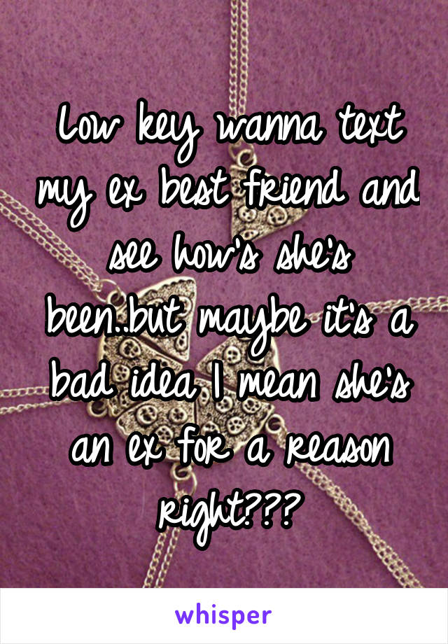 Low key wanna text my ex best friend and see how's she's been..but maybe it's a bad idea I mean she's an ex for a reason right???