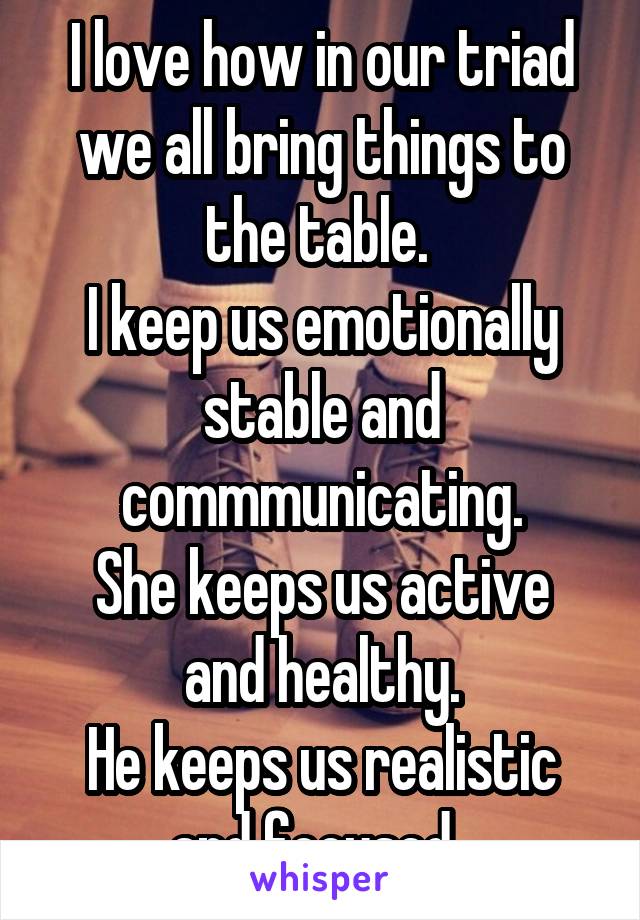 I love how in our triad we all bring things to the table. 
I keep us emotionally stable and commmunicating.
She keeps us active and healthy.
He keeps us realistic and focused. 