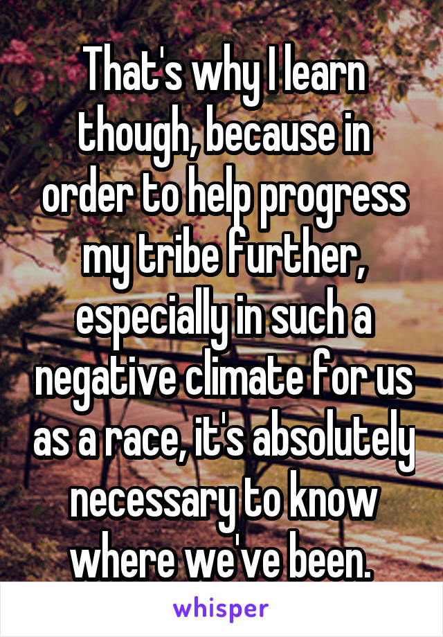 That's why I learn though, because in order to help progress my tribe further, especially in such a negative climate for us as a race, it's absolutely necessary to know where we've been. 