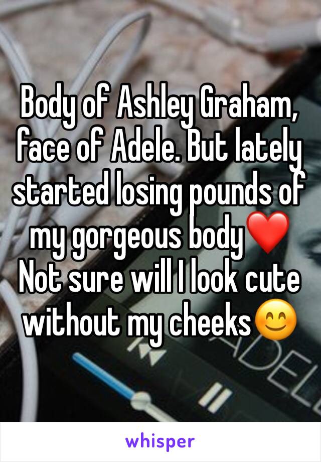 Body of Ashley Graham, face of Adele. But lately started losing pounds of my gorgeous body❤️ 
Not sure will I look cute without my cheeks😊