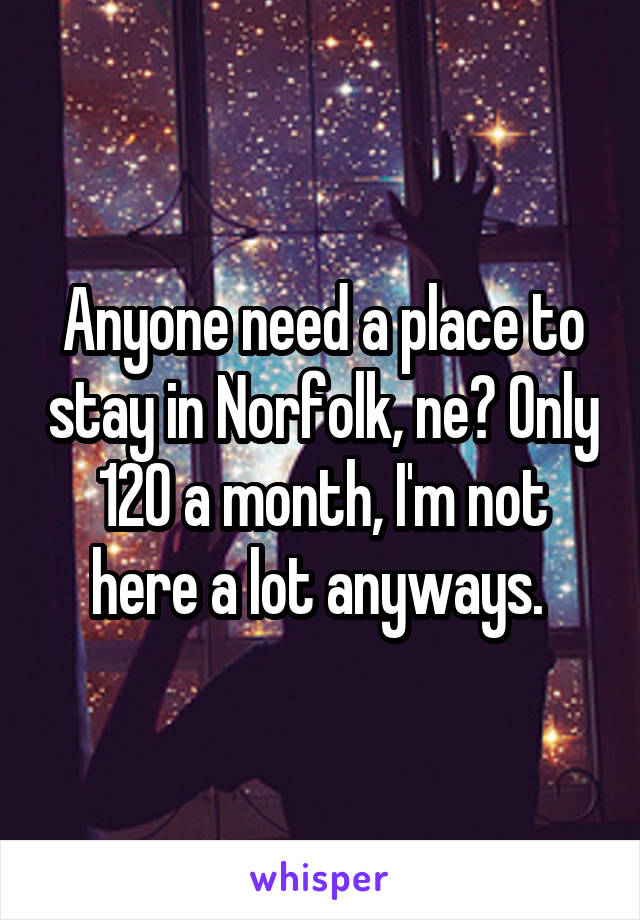 Anyone need a place to stay in Norfolk, ne? Only 120 a month, I'm not here a lot anyways. 