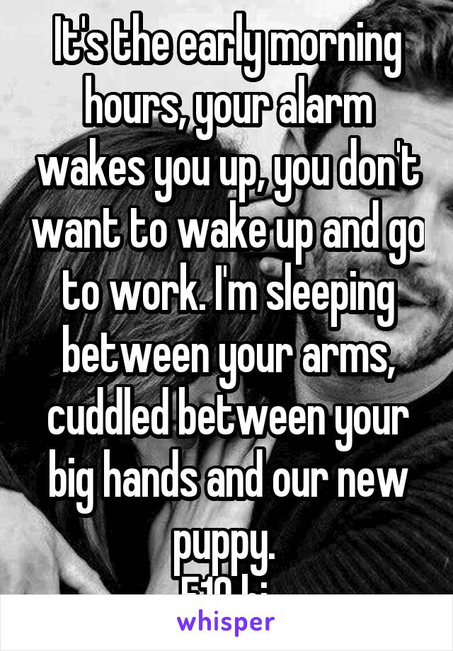 It's the early morning hours, your alarm wakes you up, you don't want to wake up and go to work. I'm sleeping between your arms, cuddled between your big hands and our new puppy. 
F19 bi 