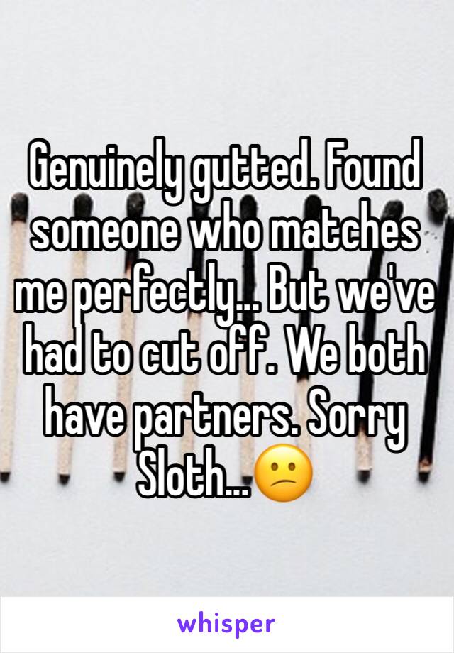 Genuinely gutted. Found someone who matches me perfectly... But we've had to cut off. We both have partners. Sorry Sloth...😕