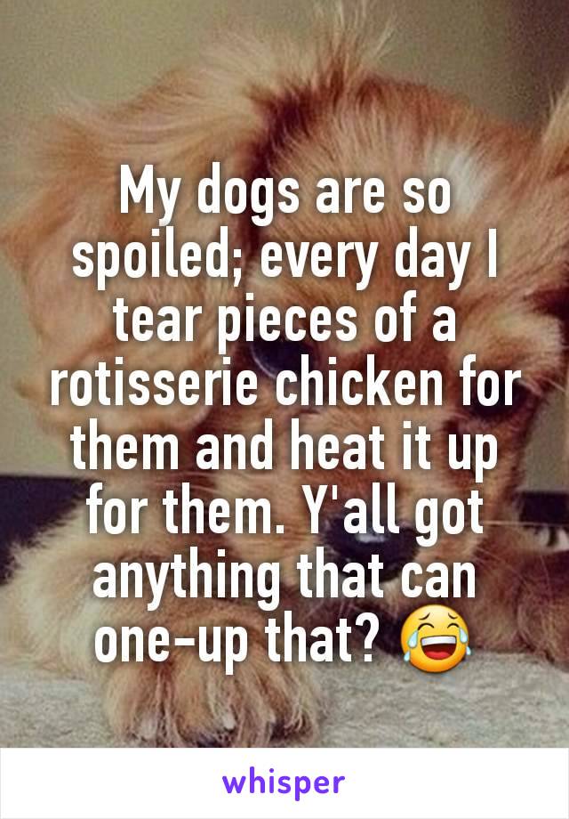 My dogs are so spoiled; every day I tear pieces of a rotisserie chicken for them and heat it up for them. Y'all got anything that can one-up that? 😂