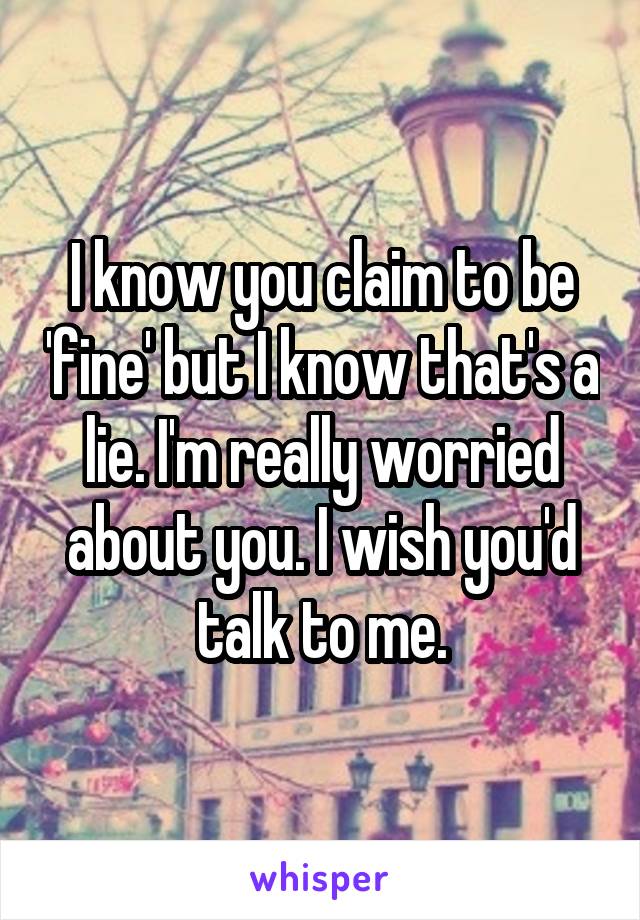 I know you claim to be 'fine' but I know that's a lie. I'm really worried about you. I wish you'd talk to me.