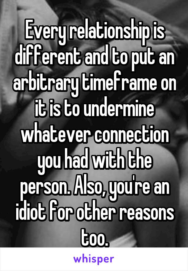 Every relationship is different and to put an arbitrary timeframe on it is to undermine whatever connection you had with the person. Also, you're an idiot for other reasons too.