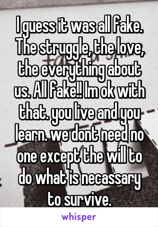 I guess it was all fake. The struggle, the love, the everything about us. All fake!! Im ok with that. you live and you learn. we dont need no one except the will to do what is necassary to survive.