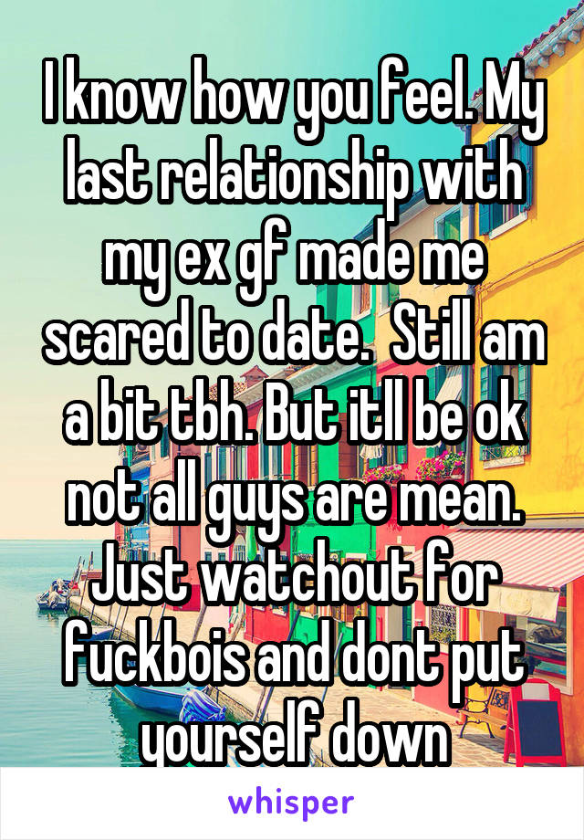 I know how you feel. My last relationship with my ex gf made me scared to date.  Still am a bit tbh. But itll be ok not all guys are mean. Just watchout for fuckbois and dont put yourself down