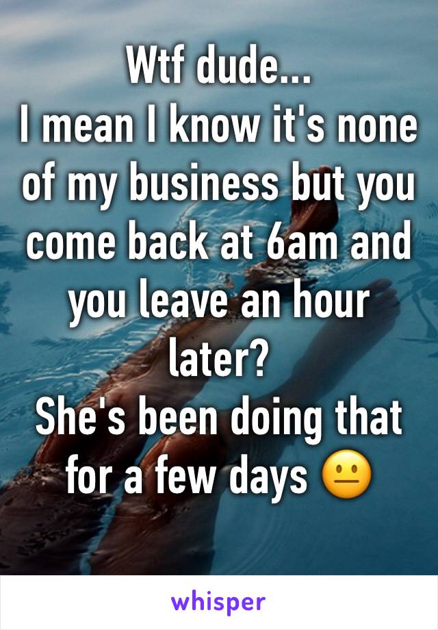 Wtf dude...
I mean I know it's none of my business but you come back at 6am and you leave an hour later?
She's been doing that for a few days 😐
