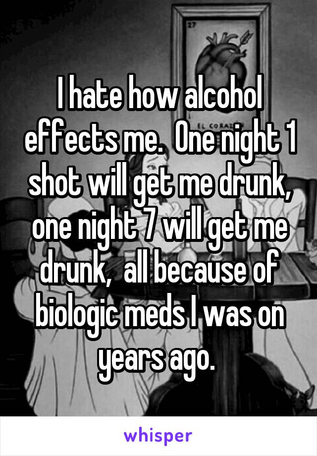 I hate how alcohol effects me.  One night 1 shot will get me drunk, one night 7 will get me drunk,  all because of biologic meds I was on years ago. 