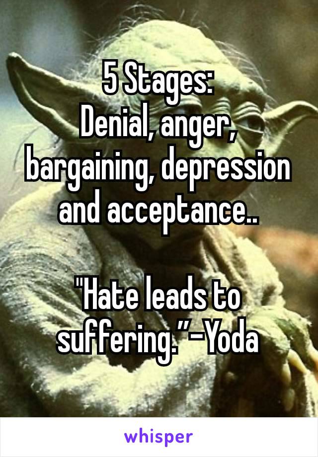 5 Stages:
Denial, anger, bargaining, depression and acceptance..

"Hate leads to suffering.”-Yoda
