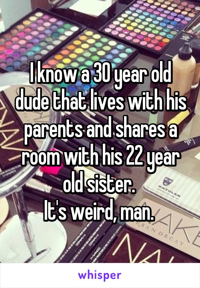 I know a 30 year old dude that lives with his parents and shares a room with his 22 year old sister. 
It's weird, man. 