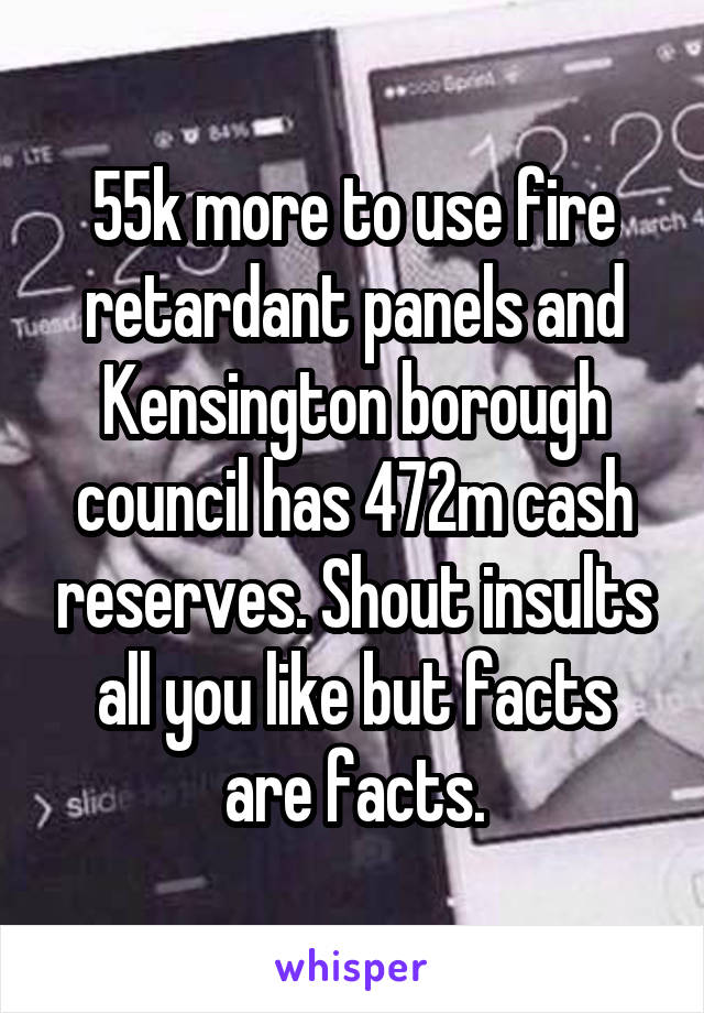 55k more to use fire retardant panels and Kensington borough council has 472m cash reserves. Shout insults all you like but facts are facts.