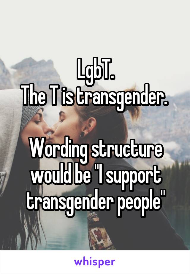 LgbT.
The T is transgender. 

Wording structure would be "I support transgender people"