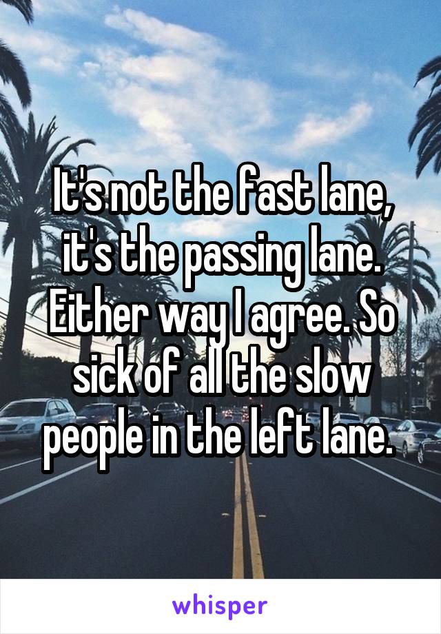It's not the fast lane, it's the passing lane. Either way I agree. So sick of all the slow people in the left lane. 