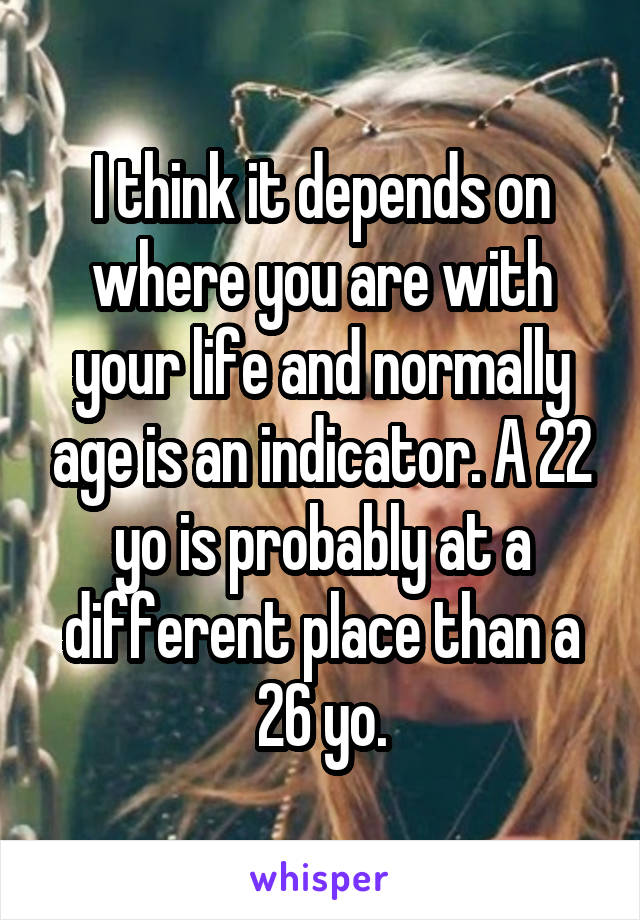 I think it depends on where you are with your life and normally age is an indicator. A 22 yo is probably at a different place than a 26 yo.