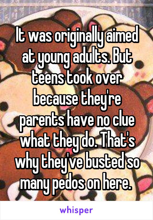It was originally aimed at young adults. But teens took over because they're parents have no clue what they do. That's why they've busted so many pedos on here. 