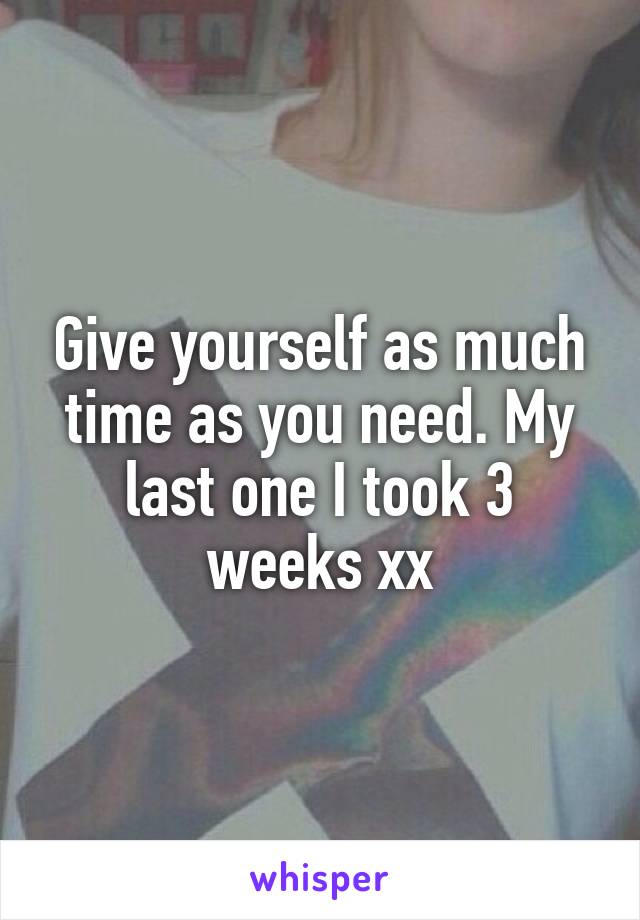 Give yourself as much time as you need. My last one I took 3 weeks xx