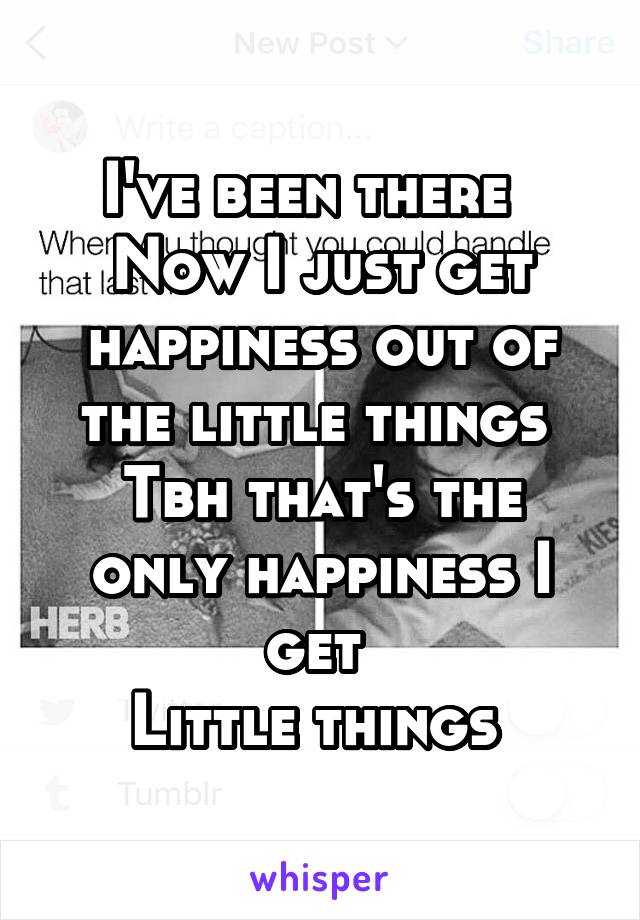 I've been there  
Now I just get happiness out of the little things 
Tbh that's the only happiness I get 
Little things 