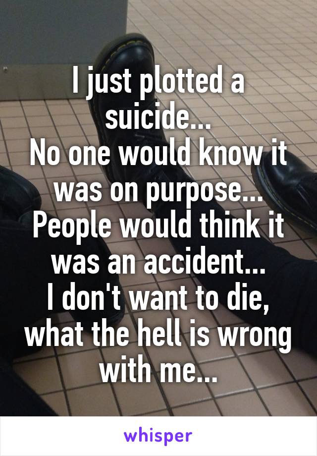I just plotted a suicide...
No one would know it was on purpose...
People would think it was an accident...
I don't want to die, what the hell is wrong with me...