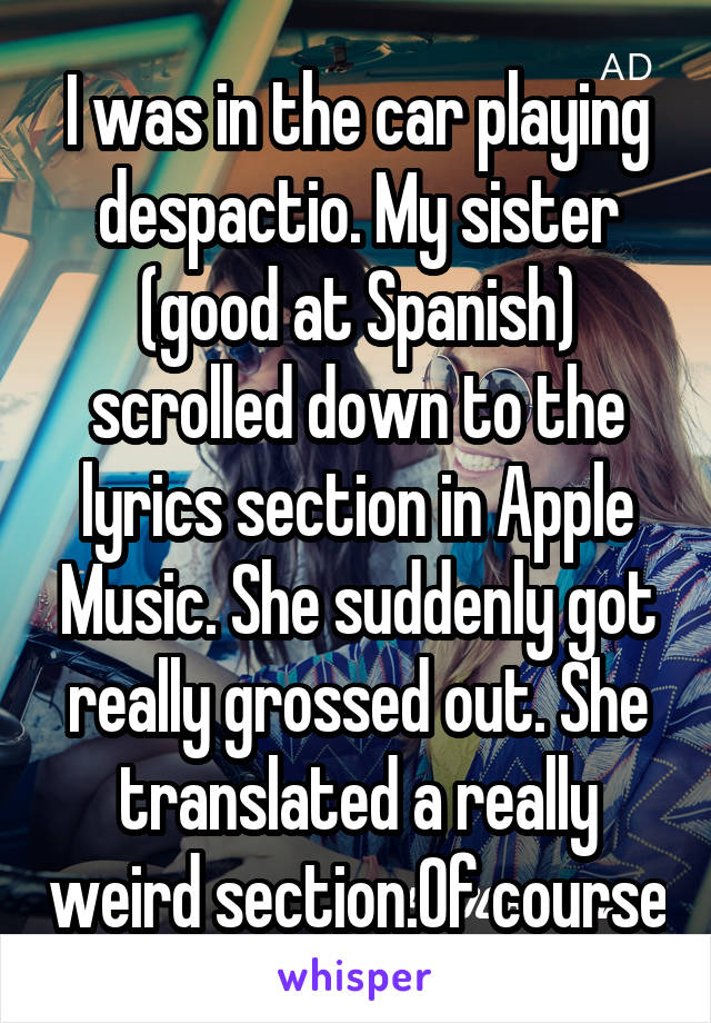 I was in the car playing despactio. My sister (good at Spanish) scrolled down to the lyrics section in Apple Music. She suddenly got really grossed out. She translated a really weird section.Of course