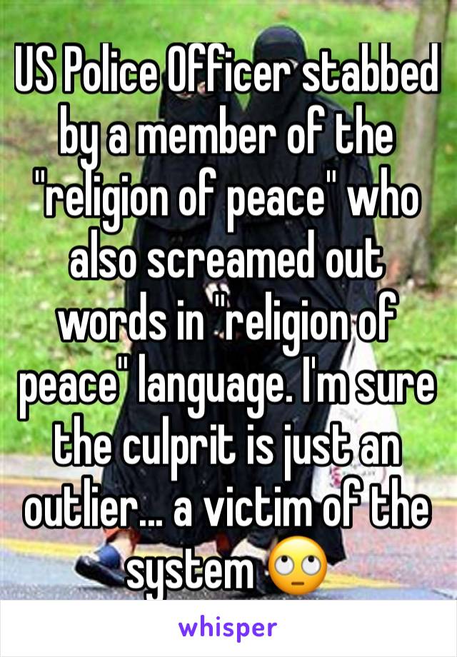 US Police Officer stabbed by a member of the "religion of peace" who also screamed out words in "religion of peace" language. I'm sure the culprit is just an outlier... a victim of the system 🙄
