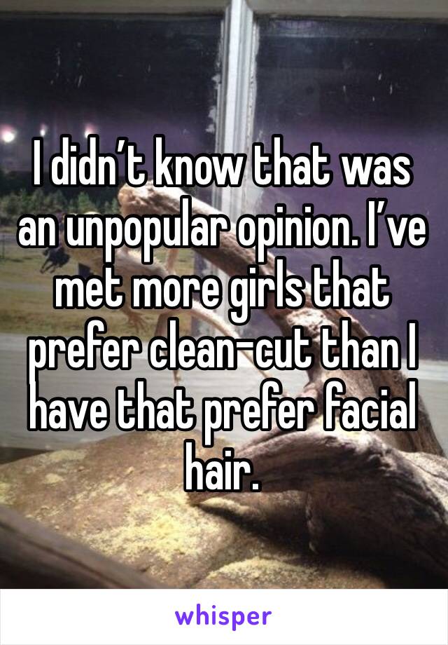 I didn’t know that was an unpopular opinion. I’ve met more girls that prefer clean-cut than I have that prefer facial hair.