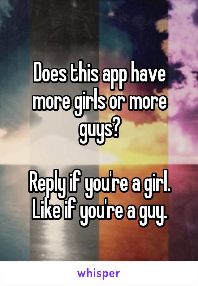 Does this app have more girls or more guys?

Reply if you're a girl.
Like if you're a guy.