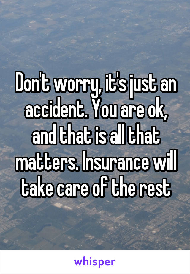 Don't worry, it's just an accident. You are ok, and that is all that matters. Insurance will take care of the rest