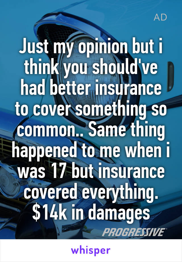 Just my opinion but i think you should've had better insurance to cover something so common.. Same thing happened to me when i was 17 but insurance covered everything. $14k in damages