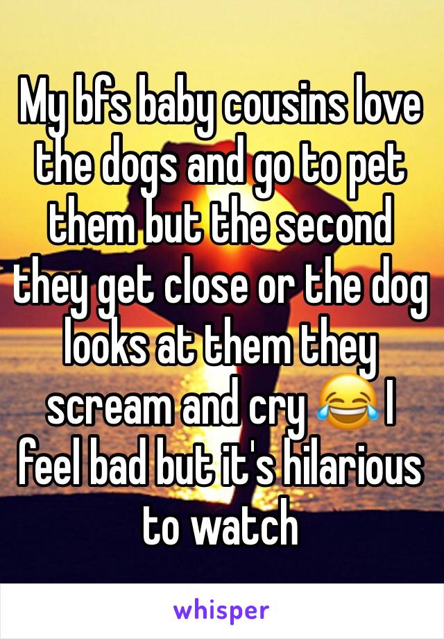 My bfs baby cousins love the dogs and go to pet them but the second they get close or the dog looks at them they scream and cry 😂 I feel bad but it's hilarious to watch