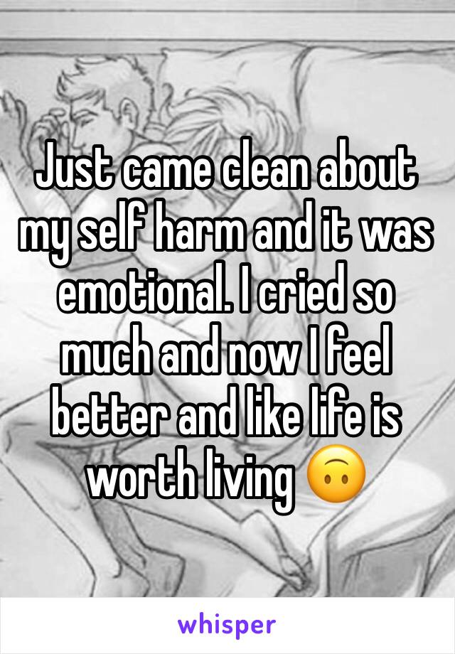 Just came clean about my self harm and it was emotional. I cried so much and now I feel better and like life is worth living 🙃