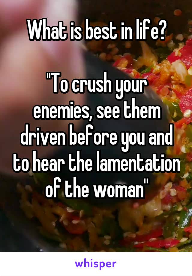 What is best in life?

"To crush your enemies, see them driven before you and to hear the lamentation of the woman"

